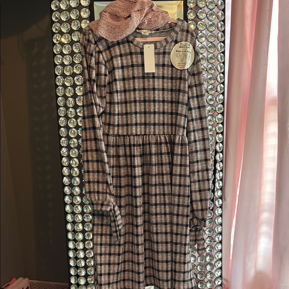 Knitworks Pink and Black Checkered Kids Long Sleeve Dress with Scarf Girls XL